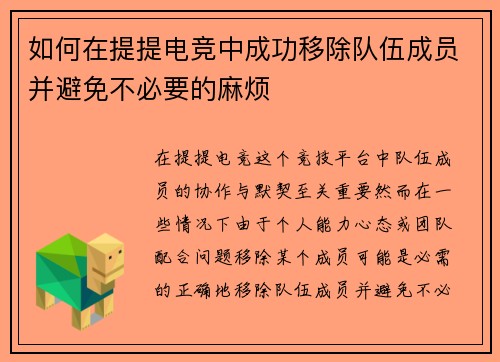 如何在提提电竞中成功移除队伍成员并避免不必要的麻烦